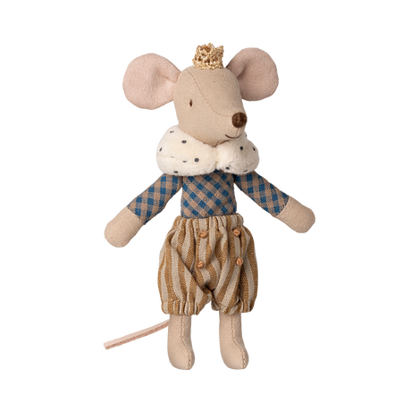 A cute fabric mouse toy wears a small gold crown, a blue and beige checkered top, and striped pants, with a dotted ruff collar and pink ears.