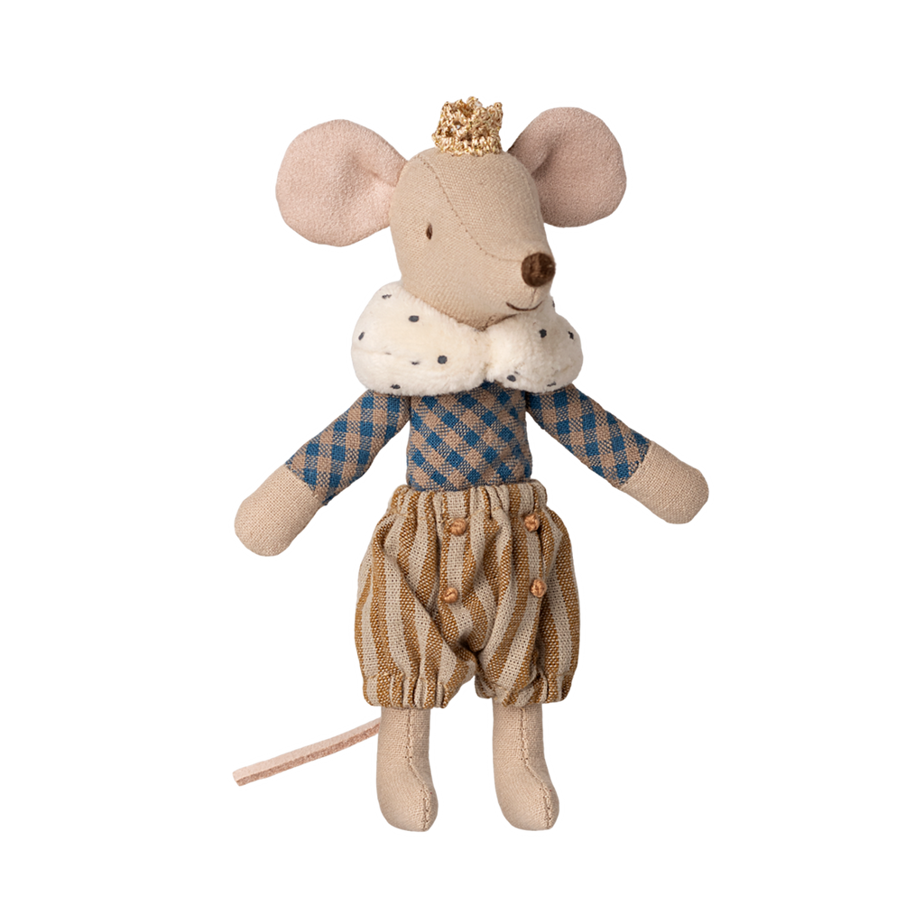 A cute fabric mouse toy wears a small gold crown, a blue and beige checkered top, and striped pants, with a dotted ruff collar and pink ears.