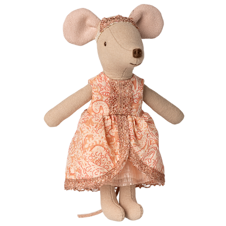 A stuffed toy mouse wearing a detailed pink patterned dress with glittery trim. The mouse's large ears and cute appearance convey a playful tone.