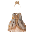 A delicate doll dress with floral patterns, lace trim, and a matching gold crown headband on a black background, evoking a whimsical fairy tale feel.