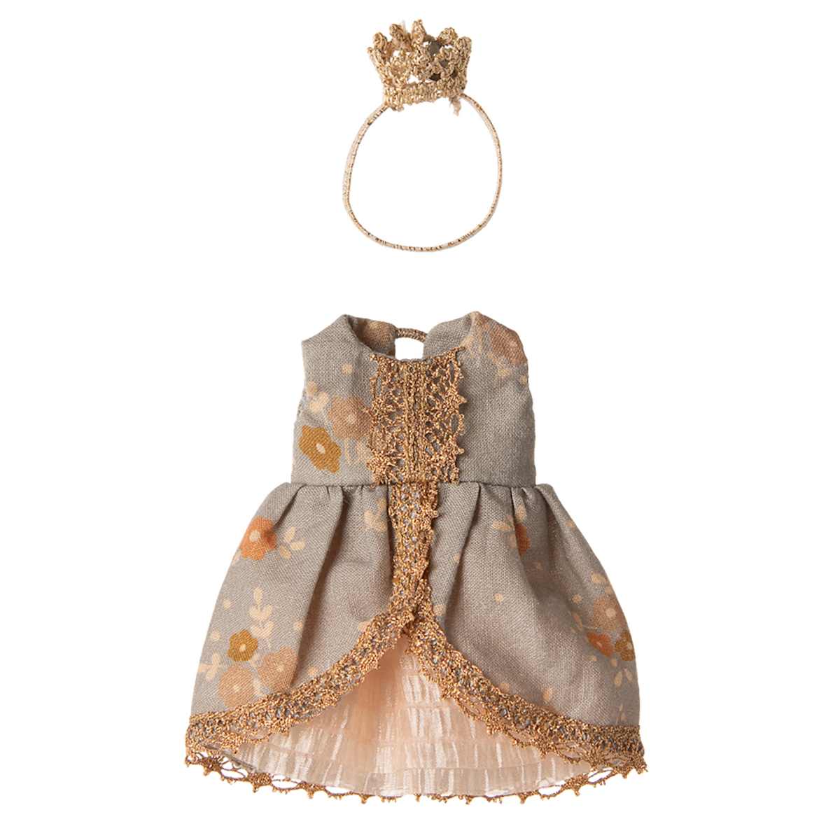 A delicate doll dress with floral patterns, lace trim, and a matching gold crown headband on a black background, evoking a whimsical fairy tale feel.