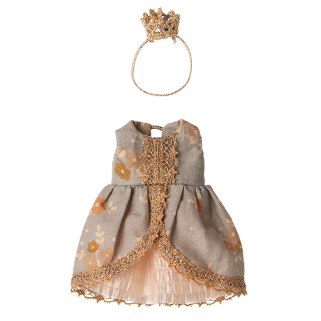 A delicate doll dress with floral patterns, lace trim, and a matching gold crown headband on a black background, evoking a whimsical fairy tale feel.
