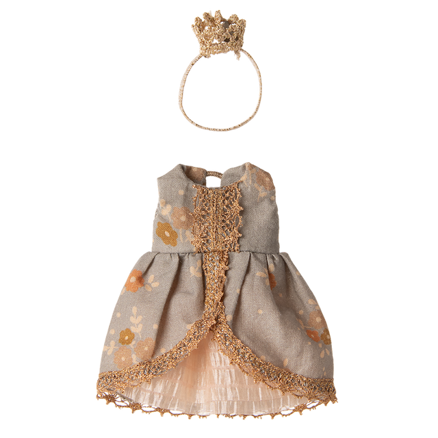 A delicate doll dress with floral patterns, lace trim, and a matching gold crown headband on a black background, evoking a whimsical fairy tale feel.