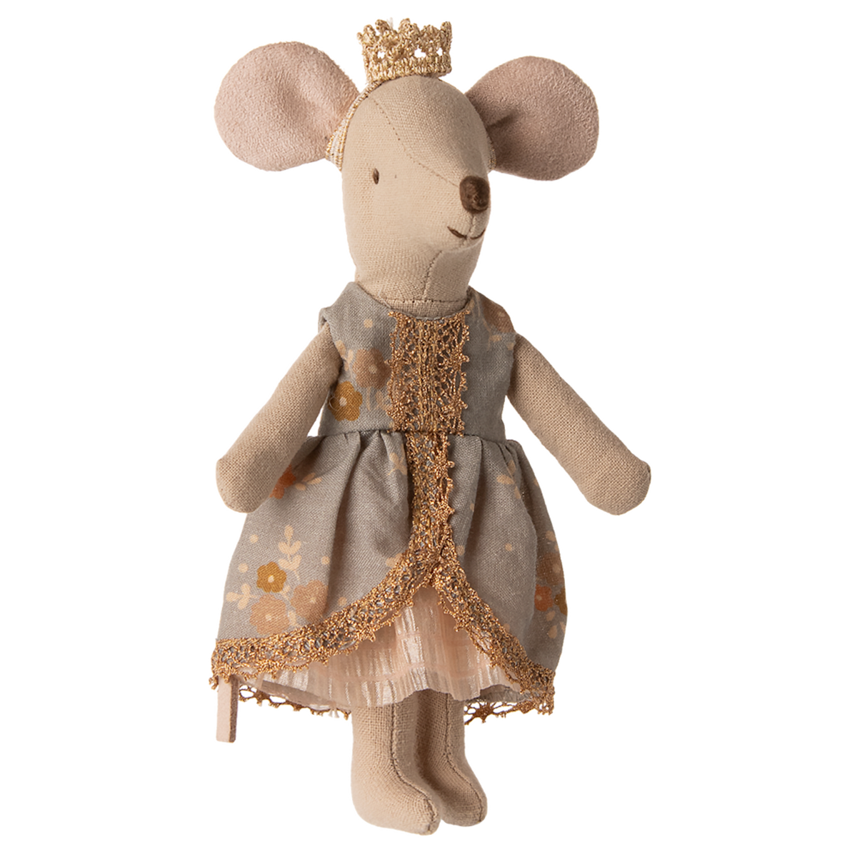 A plush mouse toy wearing a golden crown and a floral-patterned dress with gold trim stands against a white background, conveying a whimsical elegance.