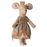 A plush mouse toy wearing a golden crown and a floral-patterned dress with gold trim stands against a white background, conveying a whimsical elegance.