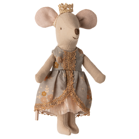A plush mouse toy wearing a golden crown and a floral-patterned dress with gold trim stands against a white background, conveying a whimsical elegance.