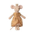 Plush toy mouse in a gold dress with lace trim, wearing a crown. The mouse has soft, beige fabric and a charming, whimsical appearance.