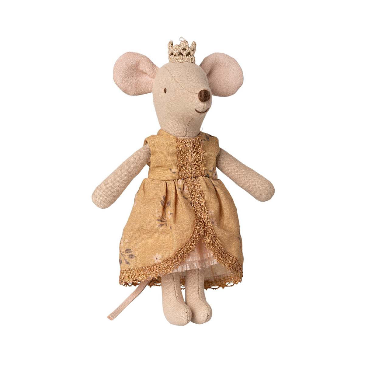 Plush toy mouse in a gold dress with lace trim, wearing a crown. The mouse has soft, beige fabric and a charming, whimsical appearance.