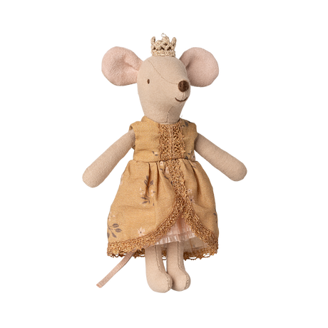 Plush toy mouse in a gold dress with lace trim, wearing a crown. The mouse has soft, beige fabric and a charming, whimsical appearance.
