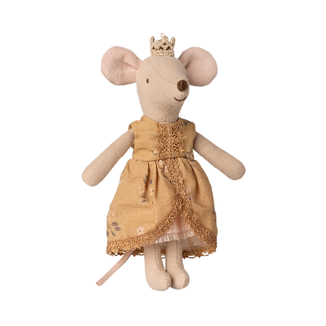 Plush toy mouse in a gold dress with lace trim, wearing a crown. The mouse has soft, beige fabric and a charming, whimsical appearance.