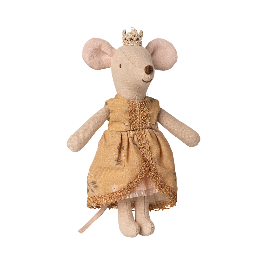Plush toy mouse in a gold dress with lace trim, wearing a crown. The mouse has soft, beige fabric and a charming, whimsical appearance.