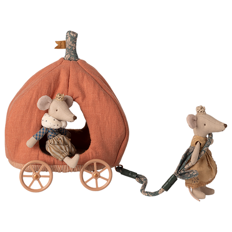 A whimsical, fairy tale-inspired carriage with golden wheels and soft fabric details—perfect for imaginative play and magical adventures with Maileg mice and fairy tale characters.