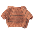 A small peach-colored, hand-knitted sweater with short sleeves and grey horizontal stripes against a white background. Cozy and handmade feel.