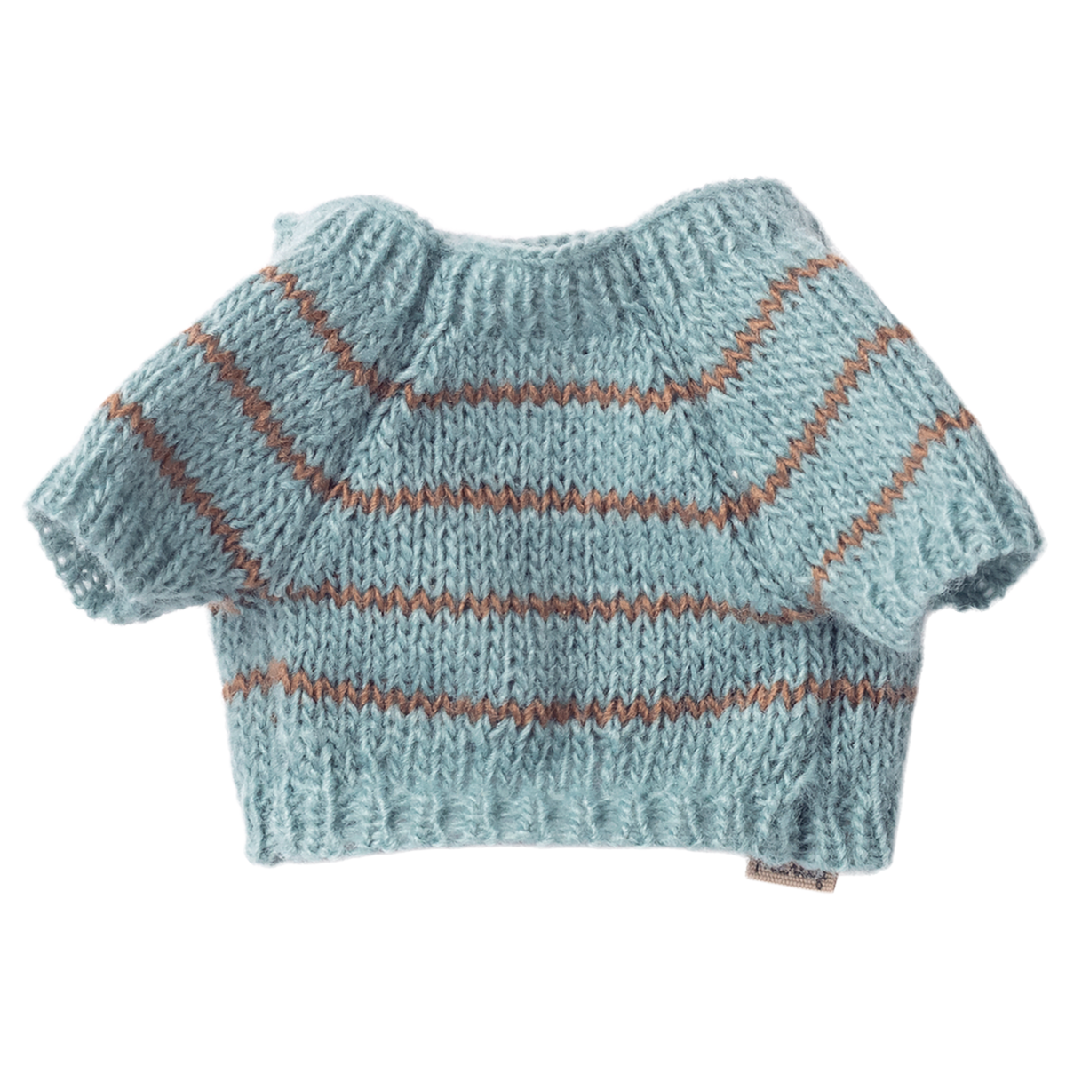 Light blue, hand-knitted doll sweater with brown stripes and short sleeves on a white background. Warm, cozy appearance reflects a handmade charm.