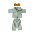 Light blue and white striped doll-sized pajamas with short-sleeved top and pants, accompanied by a small brown sleep mask. The tone is cozy and playful.