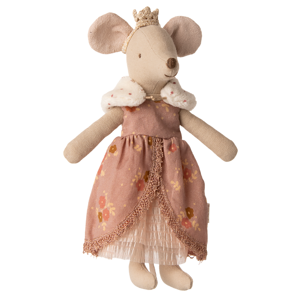 A cute mouse doll wearing a floral pink dress with lace trim, a white fur collar, and a golden crown. The doll stands against a white background.