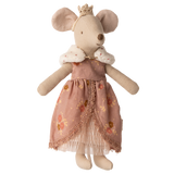 A cute mouse doll wearing a floral pink dress with lace trim, a white fur collar, and a golden crown. The doll stands against a white background.