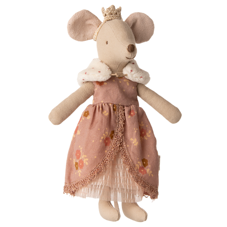 A cute mouse doll wearing a floral pink dress with lace trim, a white fur collar, and a golden crown. The doll stands against a white background.