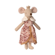 A plush mouse with a gold crown, wearing a red and white patterned dress with gold trim, and a white fur collar, stands upright. It has an elegant and regal appearance.