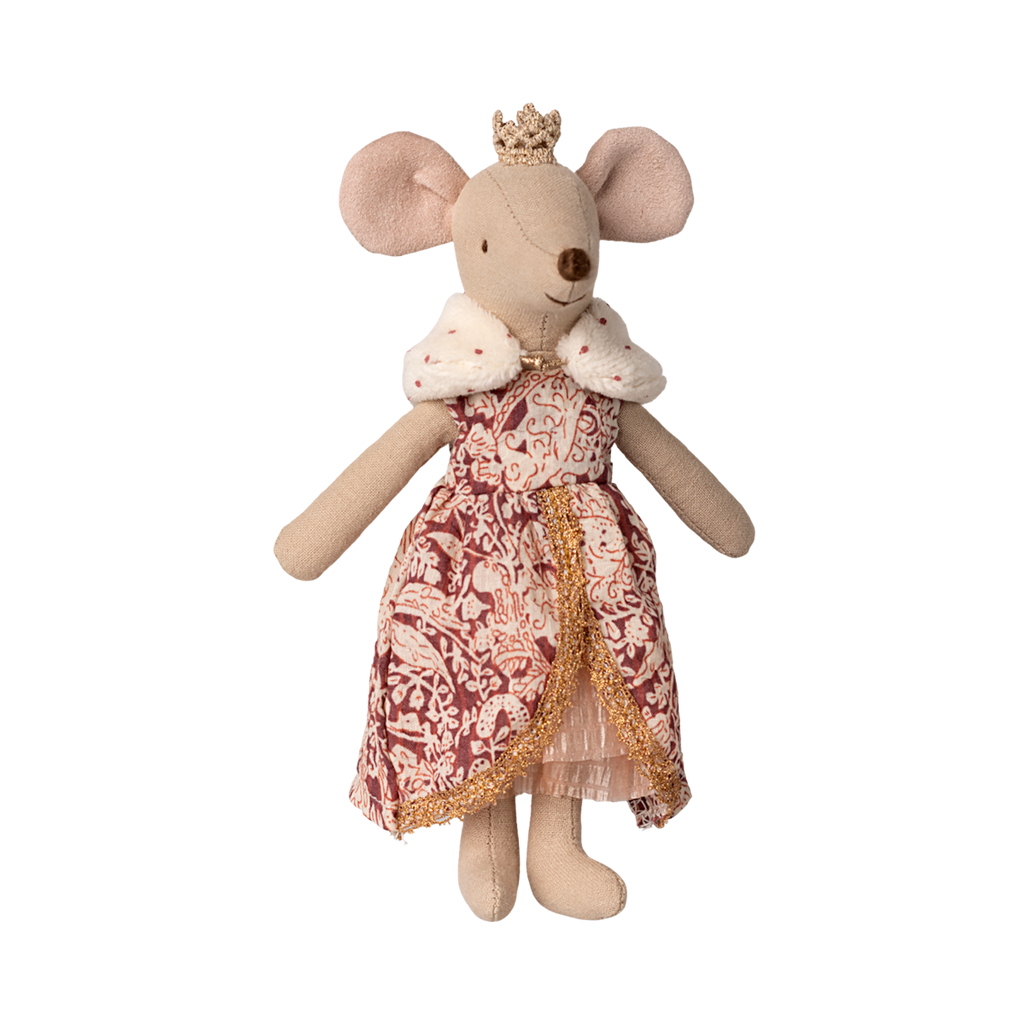 A plush mouse with a gold crown, wearing a red and white patterned dress with gold trim, and a white fur collar, stands upright. It has an elegant and regal appearance.