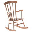Tan wooden rocking chair for doll with a high back and curved rockers, set against a white background. The chair evokes a sense of nostalgia and comfort.