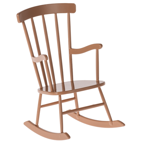 Tan wooden rocking chair for doll with a high back and curved rockers, set against a white background. The chair evokes a sense of nostalgia and comfort.