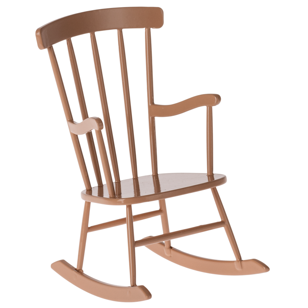 Tan wooden rocking chair for doll with a high back and curved rockers, set against a white background. The chair evokes a sense of nostalgia and comfort.