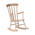 A light brown miniature wooden rocking chair with vertical slats on the backrest and curved armrests. It sits in a minimalist style on a white background.