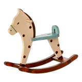 A charming miniature wooden rocking horse with a spotted pattern—sized perfectly for Maileg mice, ideal for dollhouse play and vintage-style nursery scenes.