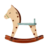 A charming miniature wooden rocking horse with a spotted pattern—sized perfectly for Maileg mice, ideal for dollhouse play and vintage-style nursery scenes.