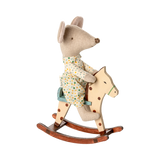 A charming miniature wooden rocking horse with a spotted pattern—sized perfectly for Maileg mice, ideal for dollhouse play and vintage-style nursery scenes.