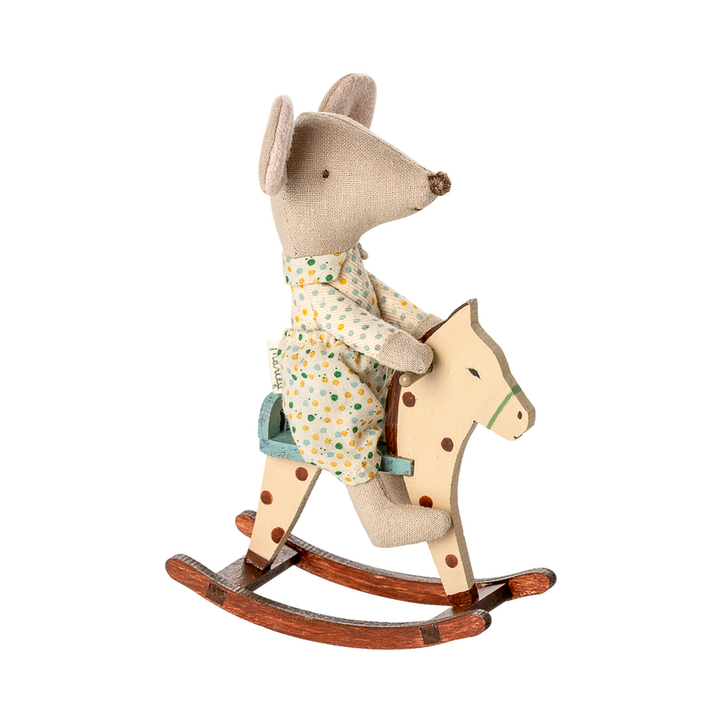 A charming miniature wooden rocking horse with a spotted pattern—sized perfectly for Maileg mice, ideal for dollhouse play and vintage-style nursery scenes.
