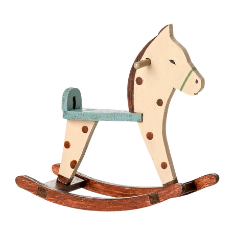 A charming miniature wooden rocking horse with a spotted pattern—sized perfectly for Maileg mice, ideal for dollhouse play and vintage-style nursery scenes.