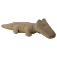 A brown, plush alligator toy is shown on a white background. The design is simple and cute, with small eyes and soft texture, conveying a playful tone.