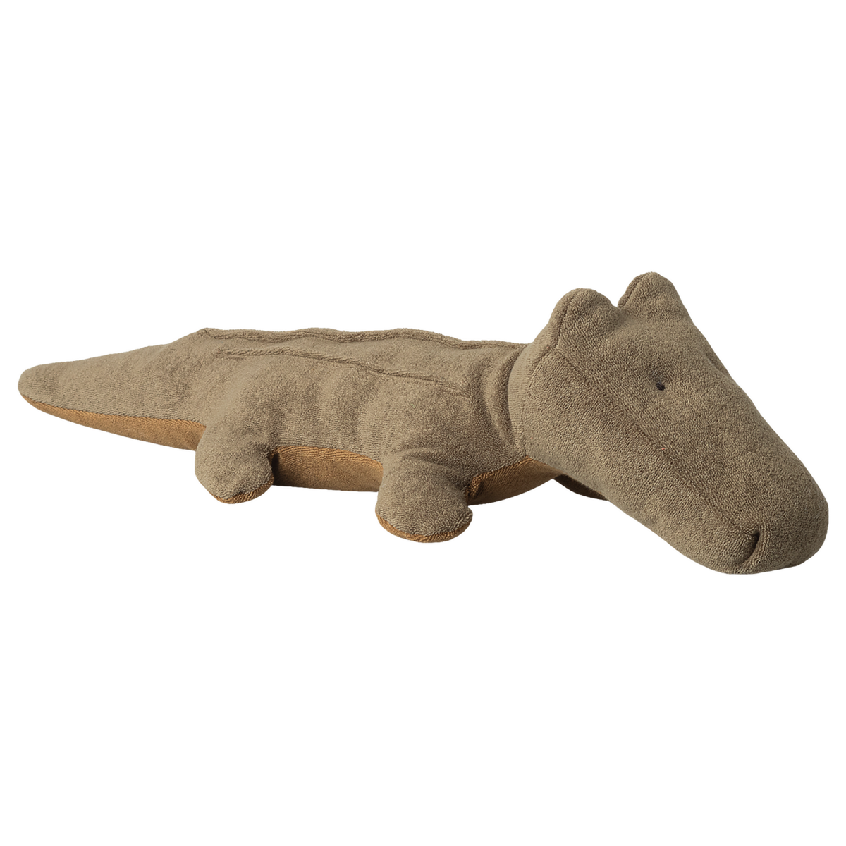 A brown, plush alligator toy is shown on a white background. The design is simple and cute, with small eyes and soft texture, conveying a playful tone.