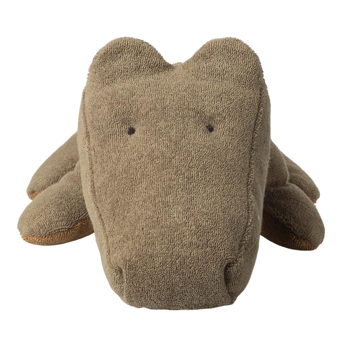 A soft, plush crocodile toy with a simple, cute design on a white background. It features a textured, light brown fabric and tiny embroidered eyes.