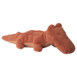 A brown plush crocodile toy lies on a white background. The toy has a soft, textured surface with a whimsical, friendly expression, conveying a playful mood.