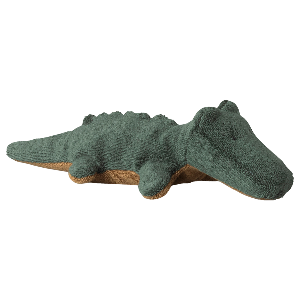 A plush green crocodile toy on a white background. It has textured fabric, a smiling expression, and soft, rounded features, conveying a playful tone.