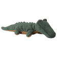 A soft, plush crocodile toy lies against a white background. The toy is dark green with a brown underside, featuring simple, stitched details.