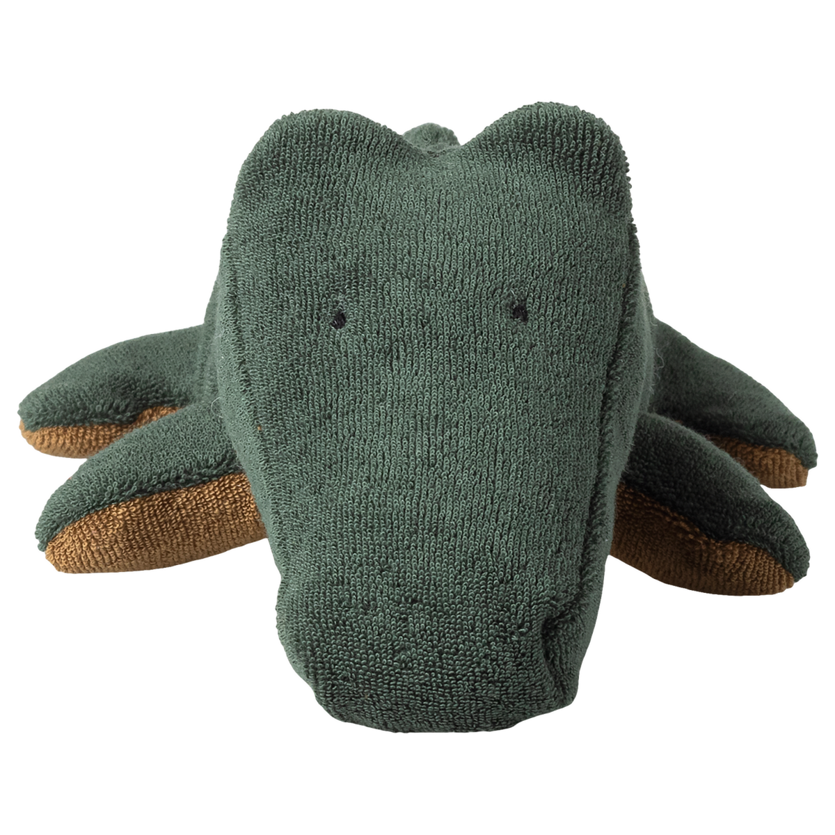 A plush crocodile toy with a textured, dark green surface and small, sewn eyes and smile. Its brown underbelly is visible. The image has a playful tone.
