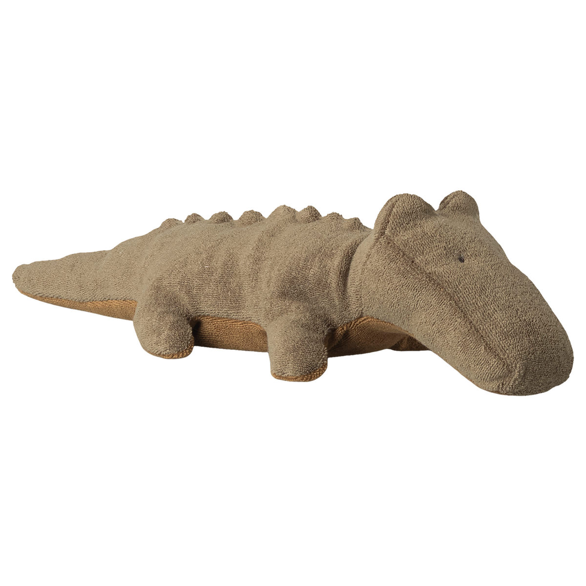A soft, brown stuffed animal shaped like a crocodile lies against a white background. It has small eyes and a friendly, relaxed appearance.