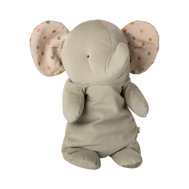 A plush elephant toy with soft gray fabric, floppy ears featuring colorful polka dots, and small black eyes. It exudes a cozy, whimsical charm.
