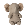 A soft, beige elephant plush toy with patterned fabric inside its large ears. It has a simple, cute expression, conveying warmth and comfort.