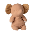 A soft, tan elephant stuffed toy with patterned, floppy ears. Its simple, smiling face and plush body create a warm and comforting appearance.