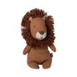 Soft, brown lion plush toy with a fluffy mane, button eyes, and a stitched nose, sitting upright. Its expression is calm and friendly.