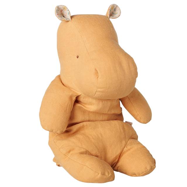 Maileg Safari Friends medium hippo plush toy in vintage yellow with floral patterned ears.
