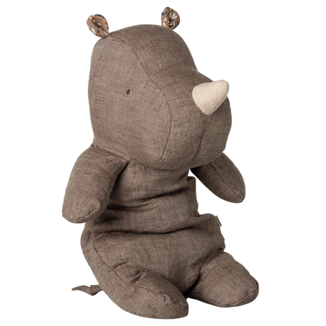 Maileg Safari Friends medium grey blend rhino fabric plush toy with patterned inner ears.