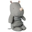 Maileg Safari Friends medium rhinoceros fabric plush toy in vintage blue sitting in side profile view.