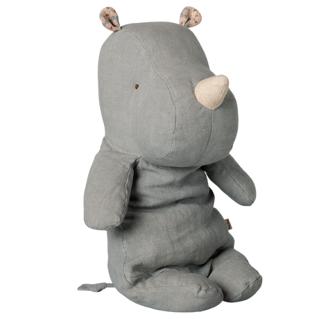 Maileg Safari Friends medium rhinoceros fabric plush toy in vintage blue sitting in side profile view.