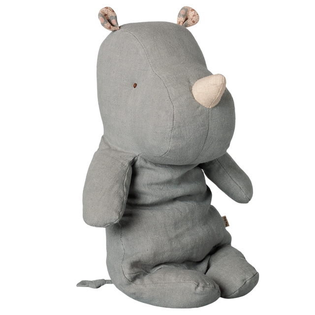 Maileg Safari Friends medium rhinoceros fabric plush toy in vintage blue sitting in side profile view.